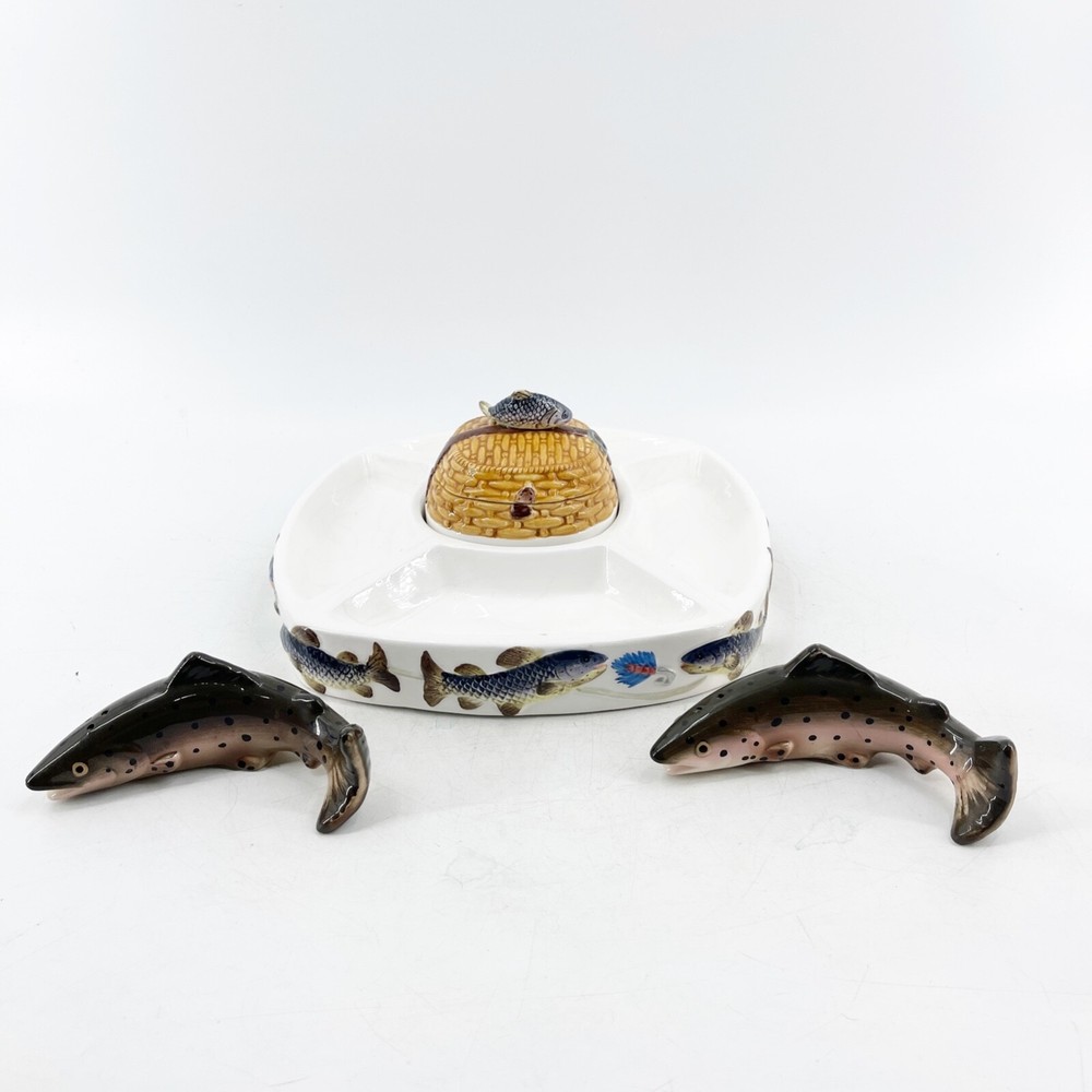 Vintage Blue Ridge Ceramic Trout Fishing Chip Dip S&P Serving Set Fisherman