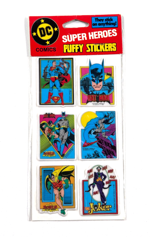 vtg 1982 DC Super Heroes Puffy Stickers Batman Superman Robin Joker rack sealed