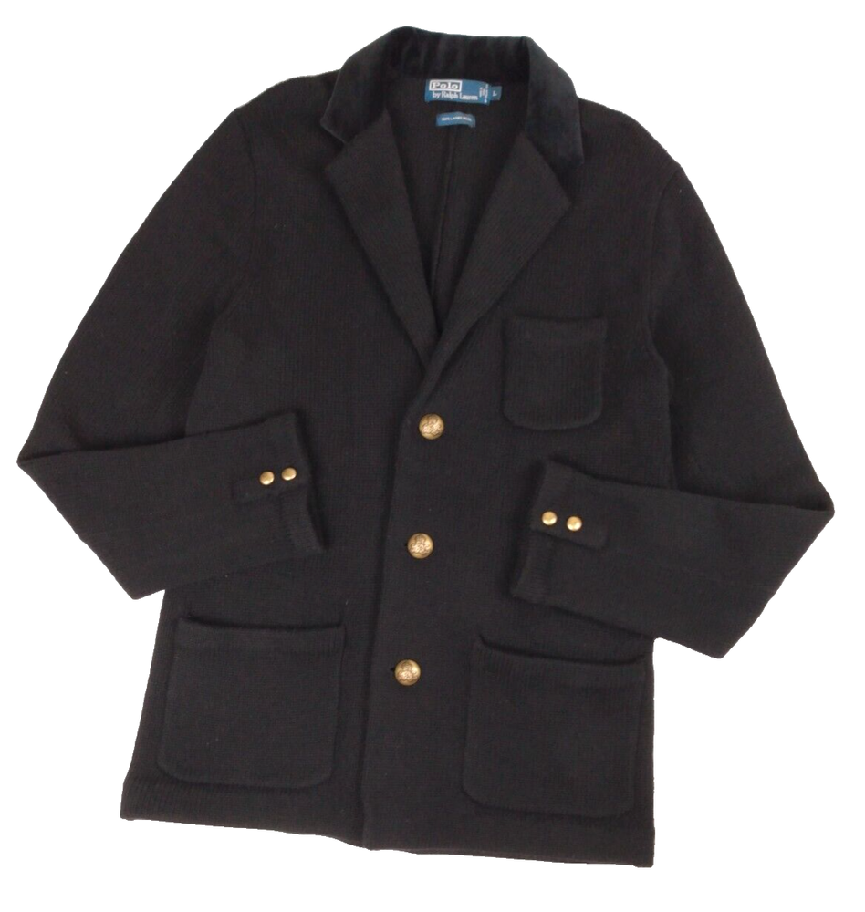 Vtg Polo Ralph Lauren Blazer Jacket Sweater Mens L Lamb Wool Velvet Collar Black