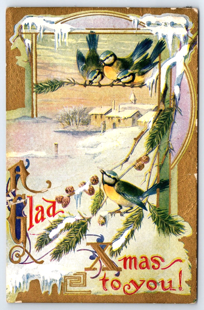 VINTAGE OLD ANTIQUE POSTCARD CHRISTMAS HOLIDAY BIRDS SNOW GOLD EMBOSSED HOUSE