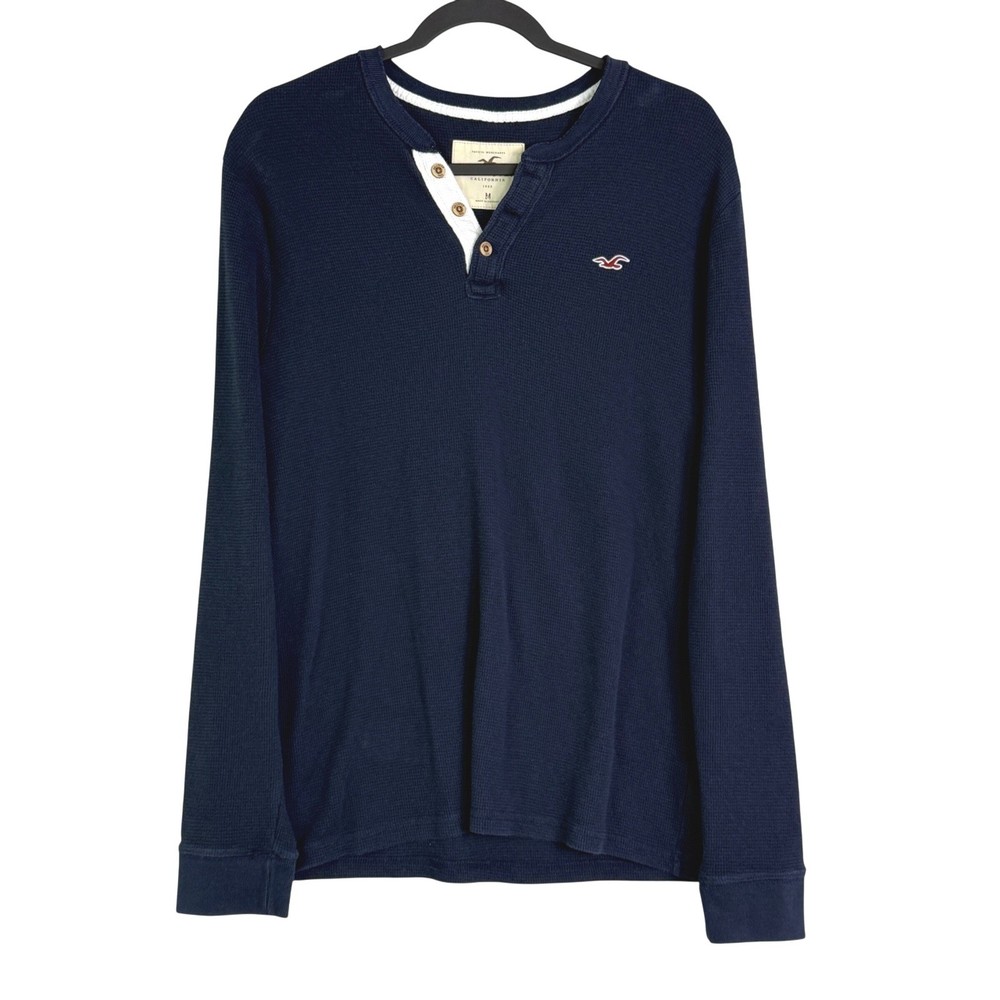 Y2K Hollister Mens Long Sleeve Thermal Henley Shirt Navy Sz M Grunge Prep preppy