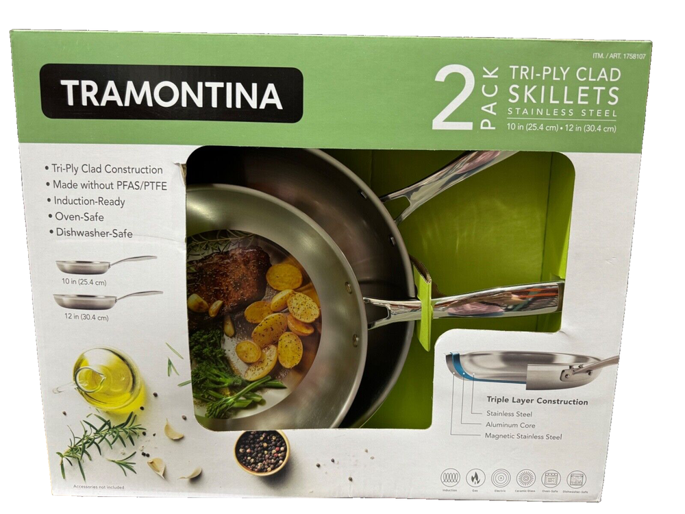 NEW Tramontina Set 2 Stainless Steel Skillet Pan Induction Oven &Dishwasher Safe