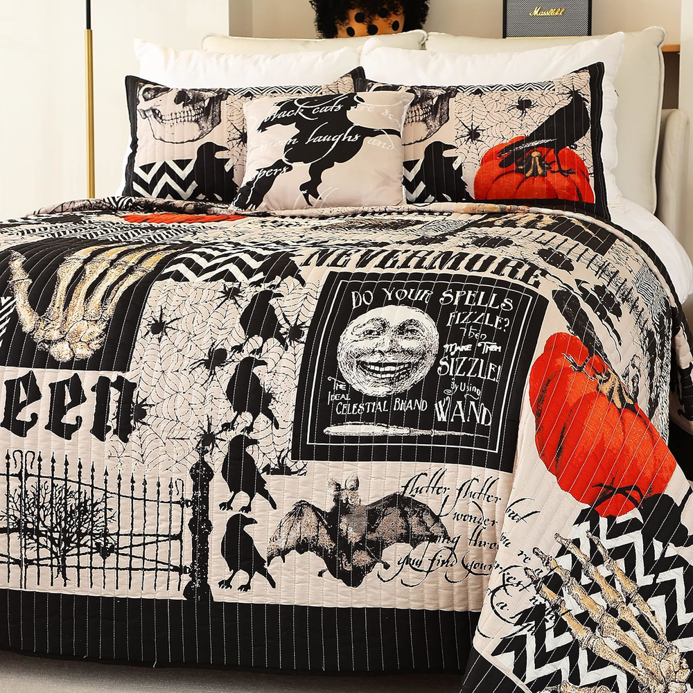 Halloween Pumpkin Ghost Black Quilt Set Queen 4 Piece Coverlet 90x90