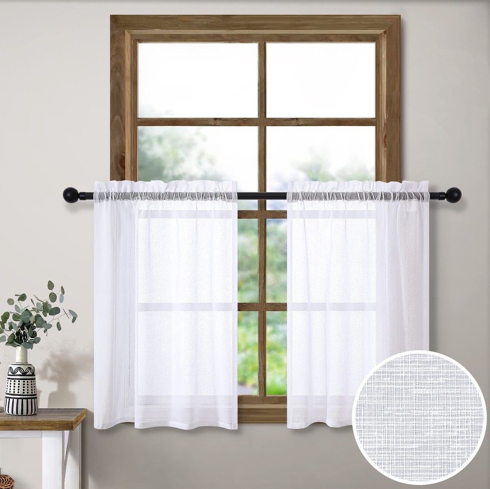 White Short Sheer Curtains 36 Inch Length for Kitchen Door 2 Panel Set Rod Po...