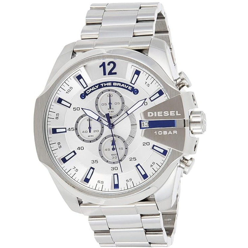 Diesel Chronograph Mega Chief Men's Watch Silver Dial Stainless Steel DZ4477 NEW