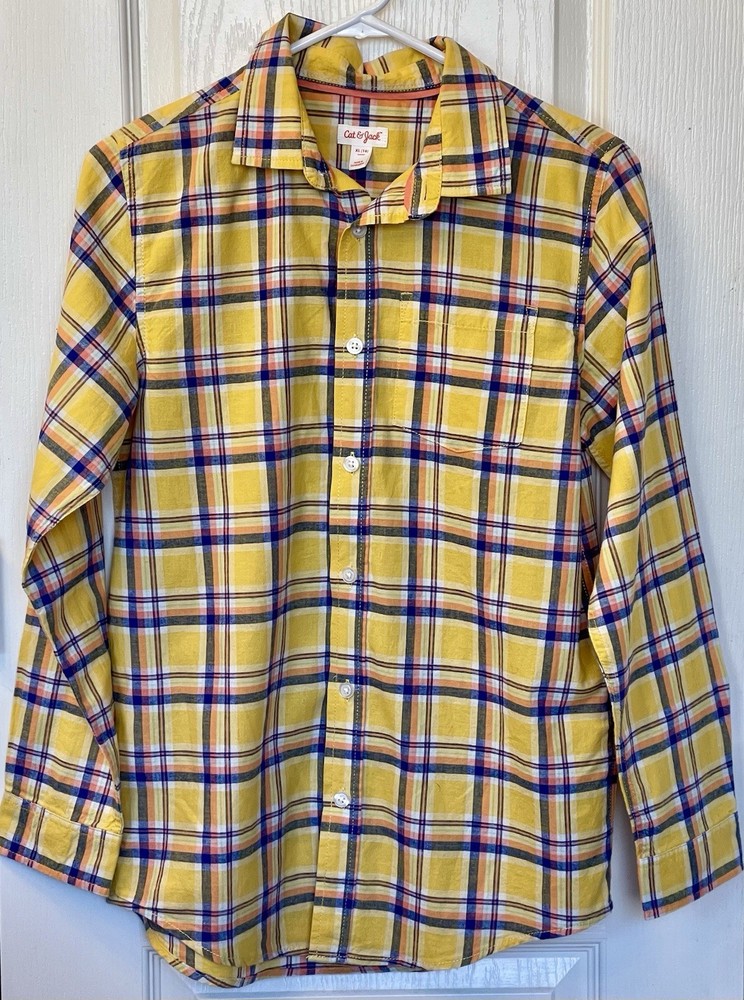 Boys Long Sleeve Shirt Yellow Plaid Button Down, Cat & Jack, Size XL 16