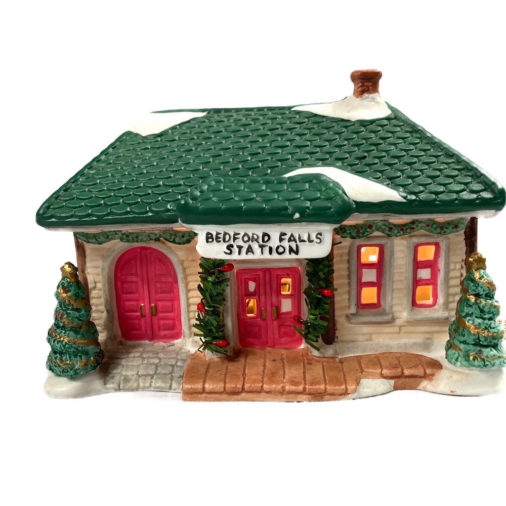 Bedford Falls Illuminated Hand-Painted Christmas Train Station Decor