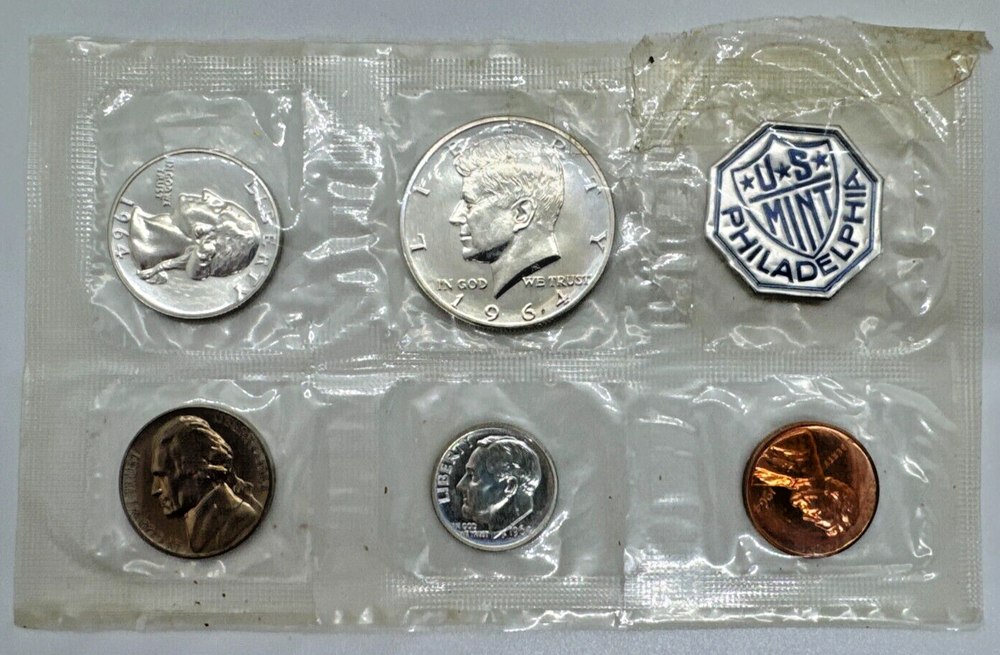 1964 US Mint Uncirculated Coin Set 90% Silver 5 Coins Philadelphia Mint