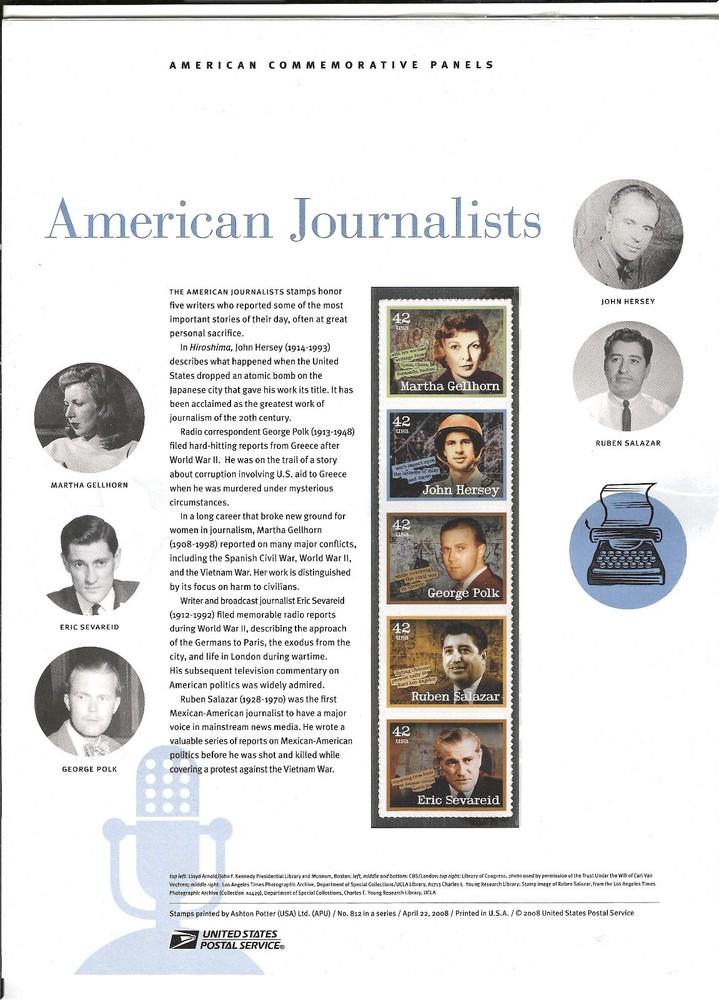 US COMMEMORATIVE PANEL #812 AMERICAN JOURNALISTS MNH 42c STRIP