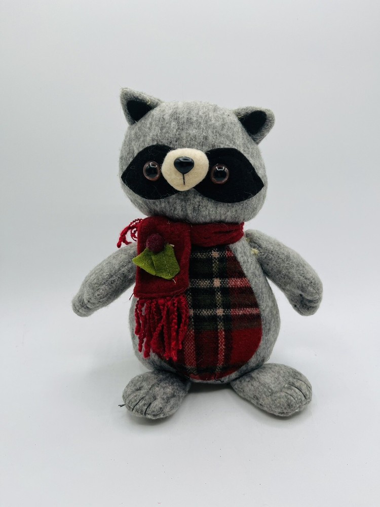 Plush Flannel Christmas Raccoon Woodland Animal Red Scarf Plaid 10”