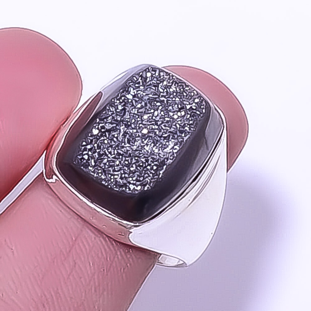 Titanium Carbon Agate Drusy 925 Sterling Silver Handmade Ring s.9 R7-24