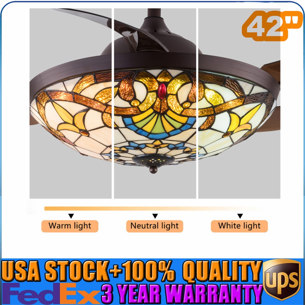 Ceiling Retractable Fan w/ Light Crystal Tiffany Chandelier 3-Color Dimming 42in