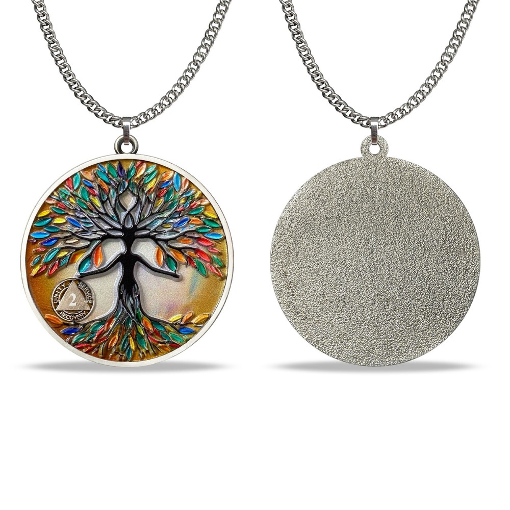2 Years Months Sobriety Coin Recovery Medallion Necklace Pendant Tree of Life