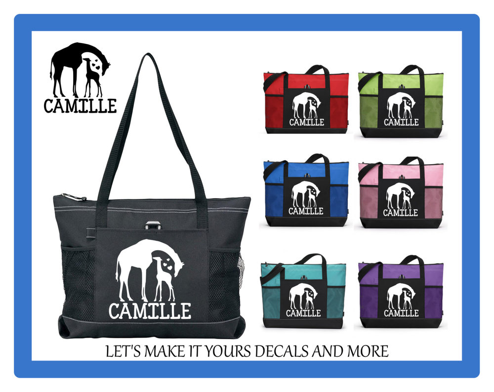 GIRAFFE MOM W/ BABY HEARTS CUSTOM TOTE TRAVEL SPORTS GYM SCHOOL DIAPER BAG PURSE