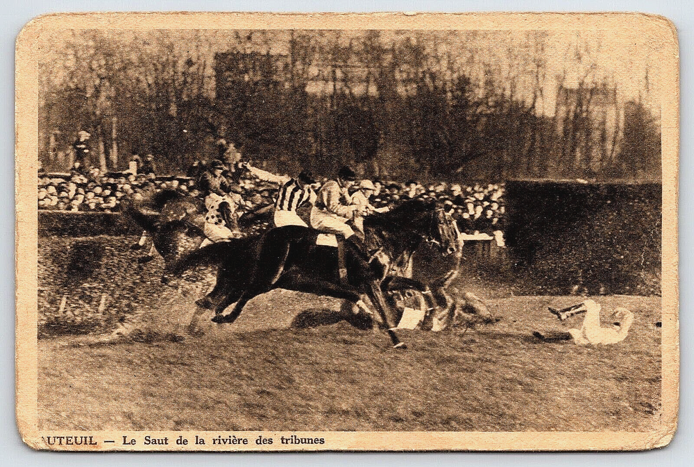 VINTAGE OLD ANTIQUE POSTCARD PICTURE RIVER HORSE JUMPING AUTEUIL PARIS FRANCE