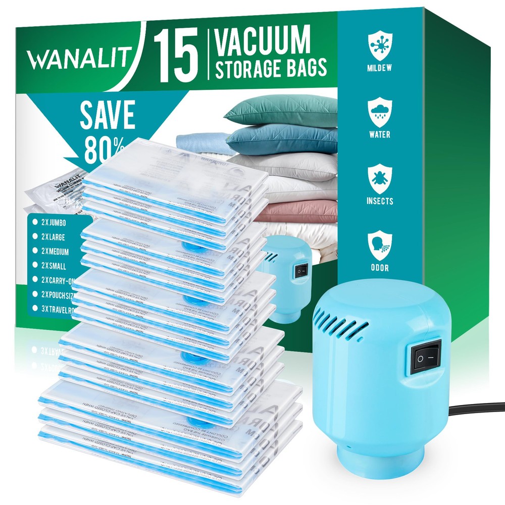 Vacuum Storage Bags with Air Pump, New Air Valve Combo 15 Pack Space Saver Ba...