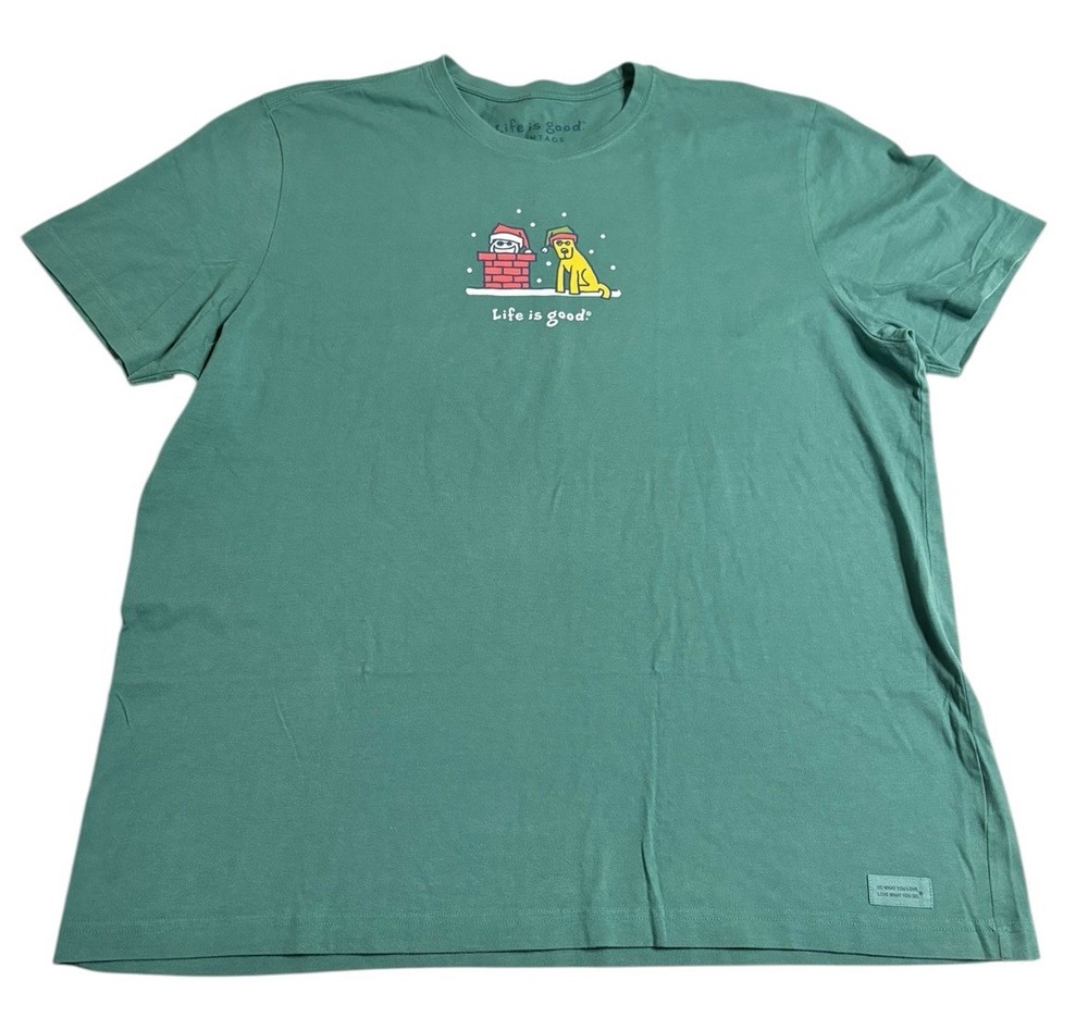 Life Is Good Vintage Tee T-shirt Christmas Santa Dog Green Adult Unisex XXL