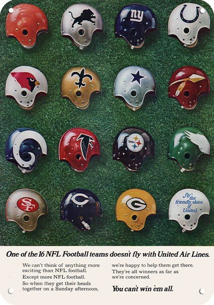 1969 NFL Team Helmets & United Airlines DECORATIVE REPLICA METAL SIGN