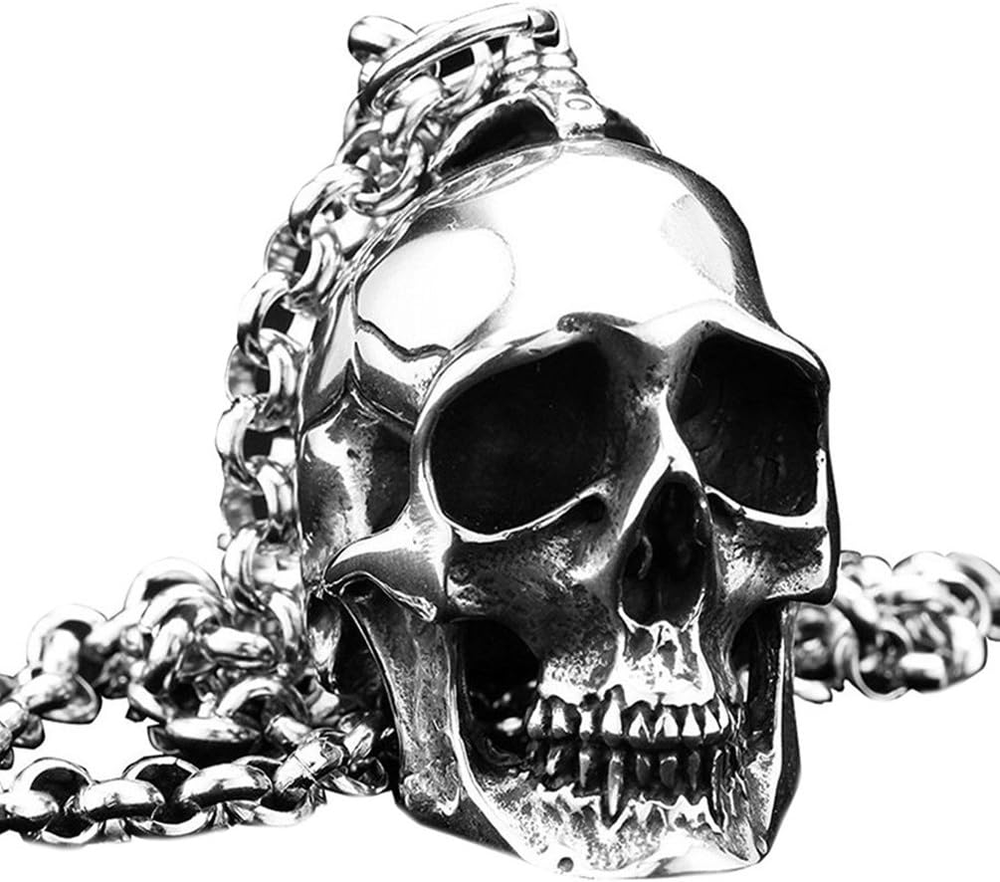 Men'S Stainless Steel Gothic Biker Skull Pendant Necklace of 3 Sizes