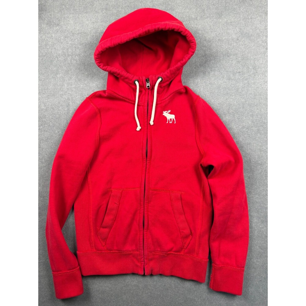 Abercrombie & Fitch Unisex M Red Full Zip Hoodie Moose Logo Sweatshirt-image