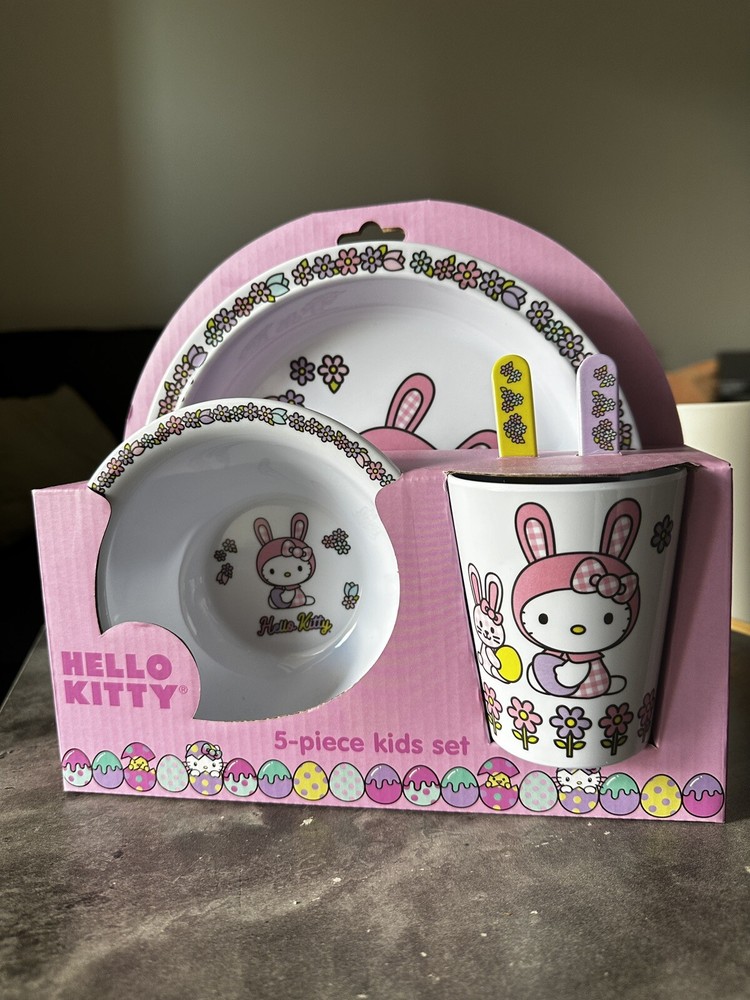 HELLO KITTY SPRING EASTER 5 PIECE UTENSIL PLATE BOWL KID SET