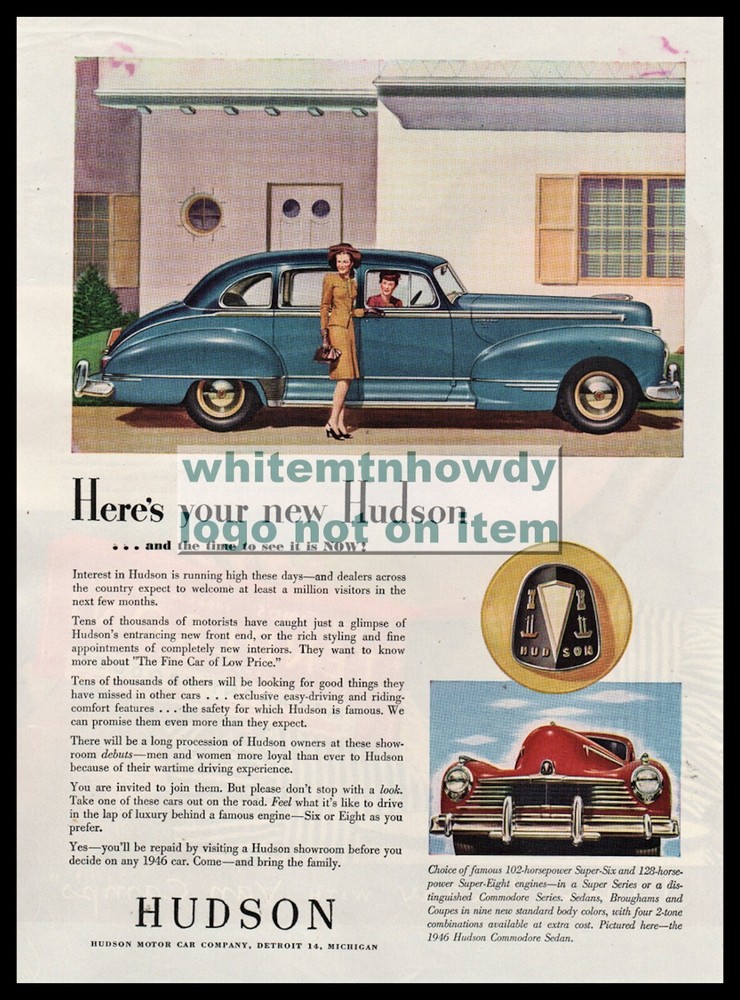 1946 Hudson Blue 4-Door Sedan Classic Car Vintage Print Ad