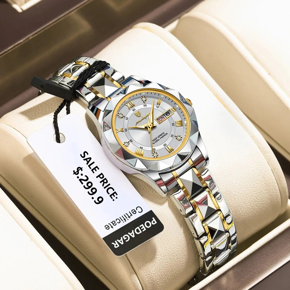 Elegant Waterproof Quartz Ladies Watch with Date & Week Display in Stainless Steel