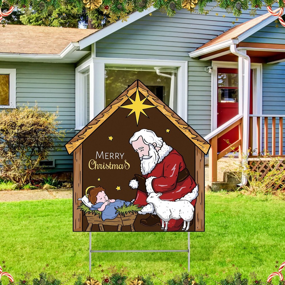 Large Kneeling Santa Yard Sign Christmas Nativity Scene Yard Sign Christmas R...