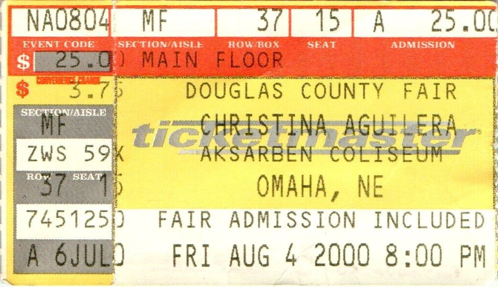 Christina Aguilera Concert Ticket Stub Douglas County Fair Omaha NE Aug 4, 2000