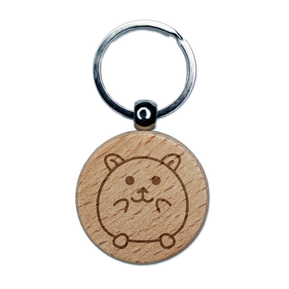 Happy Hamster Engraved Wood Round Keychain Tag Charm