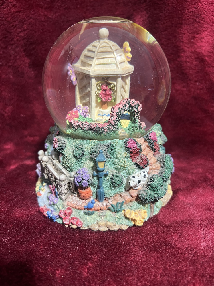 Whimsical Garden Snow Globe Music Box with Gazebo Flowers Fountain and Animals for Weddings