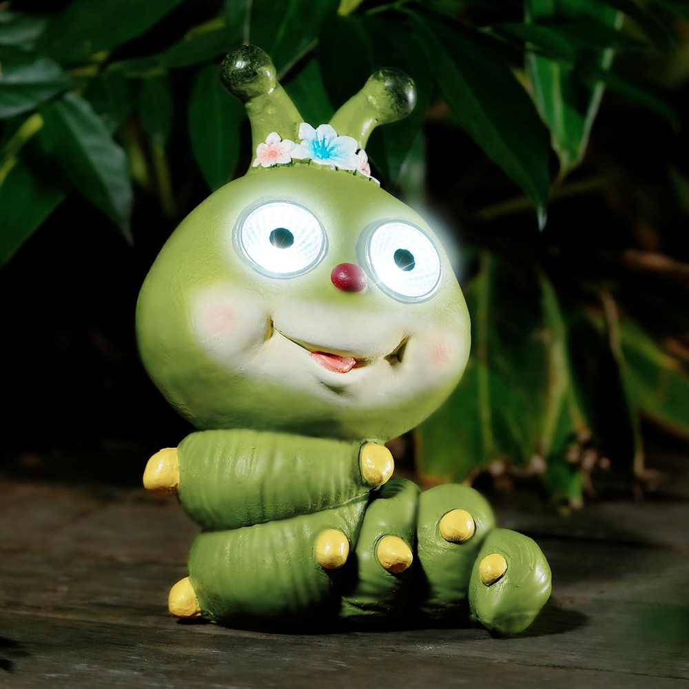 Solar Garden Outdoor Statues Caterpillar with LED Eyes,Solar Powered Resin Anima