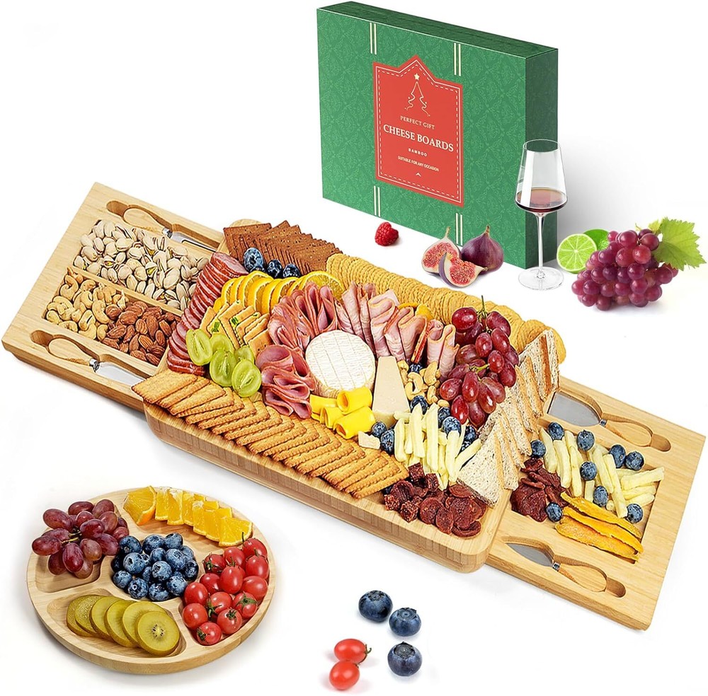 Bamboo Cheese Board Set with Marble Large Charcuterie Boards and Knife Set