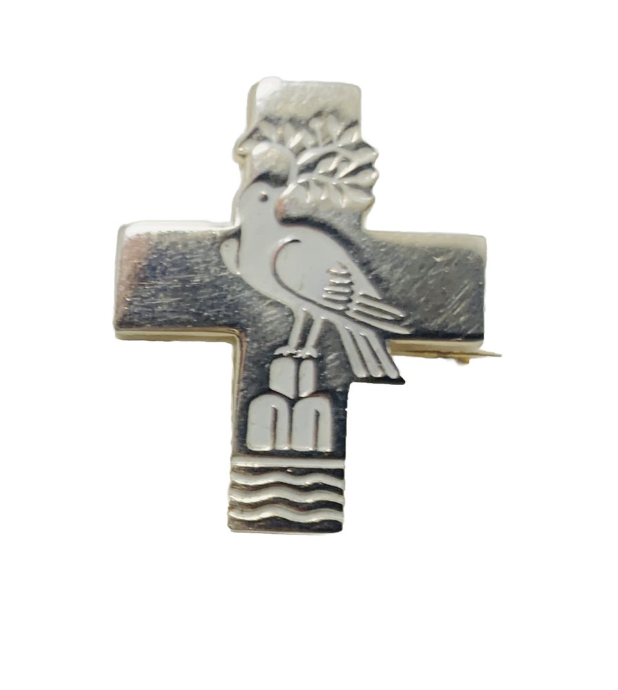 RELIGIOUS CROSS Dove Olive Branch Pinback Silver Tone & White Lapel Pin Hat Tie