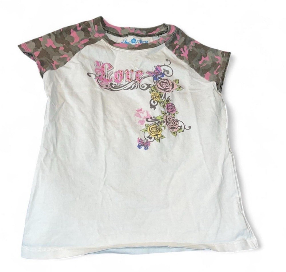 White & Pink Camo Ruffle Sleeve Baby Tee | Kids XL | Y2K