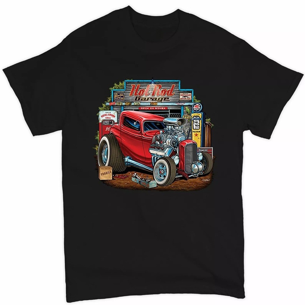 Hot Rod Garage T-shirt Route 66 Retro Vintage Drag Racing Car Mens