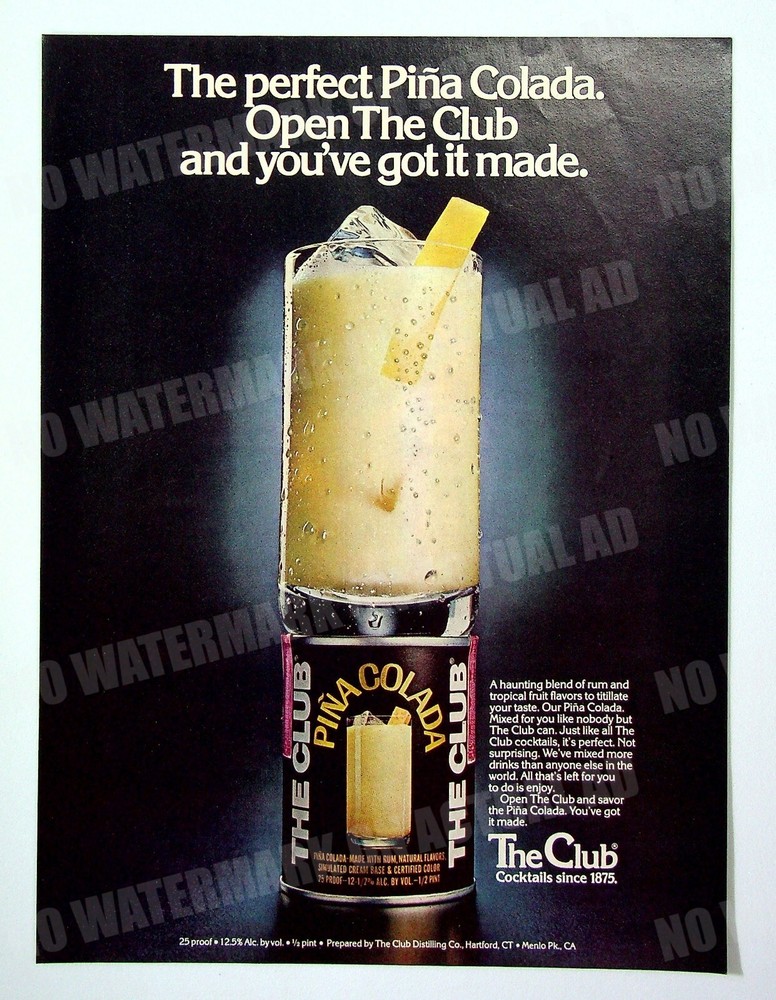 1978 The Club Pina Colada Cocktail Vintage Alcohol Trade Print Ad Poster-image