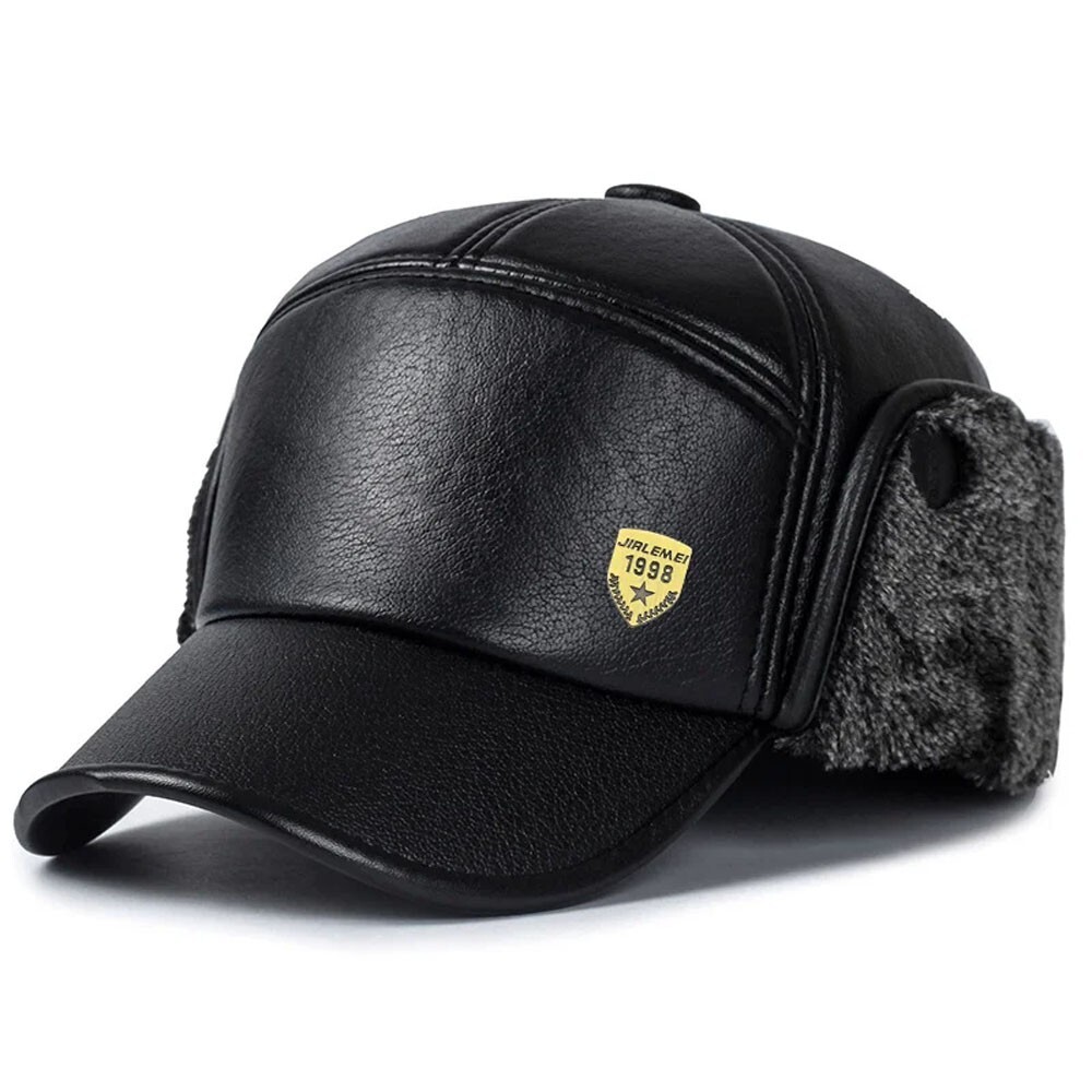 Black Leather Baseball Cap with Ear Flaps for Men and Women Winter Warm Gorras Casquette