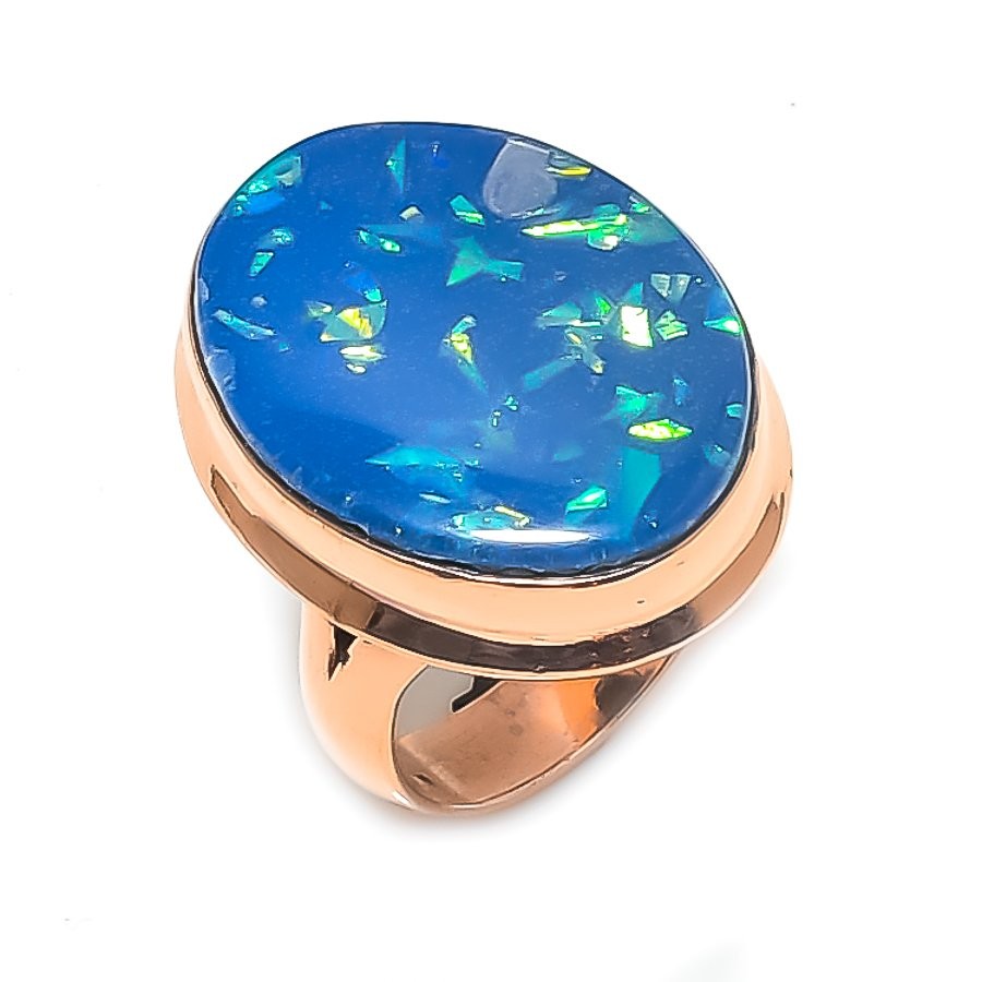 Blue Triplet Opal Handmade Copper Ring Size 9 For Women R078
