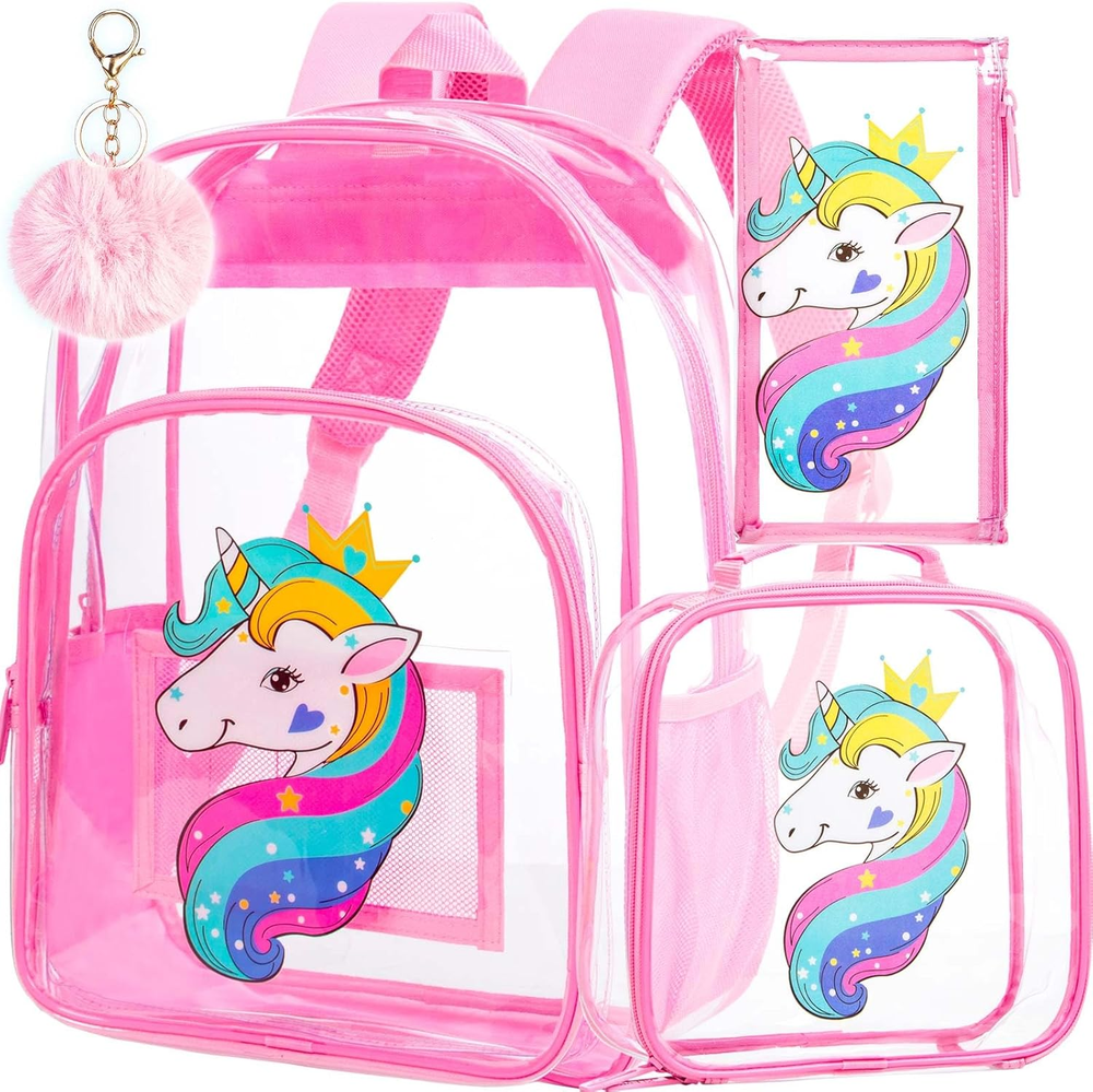 3PCS Clear Backpack for Girls, Kids Unicorn Transparent Bookbag Heavy Duty, Cute