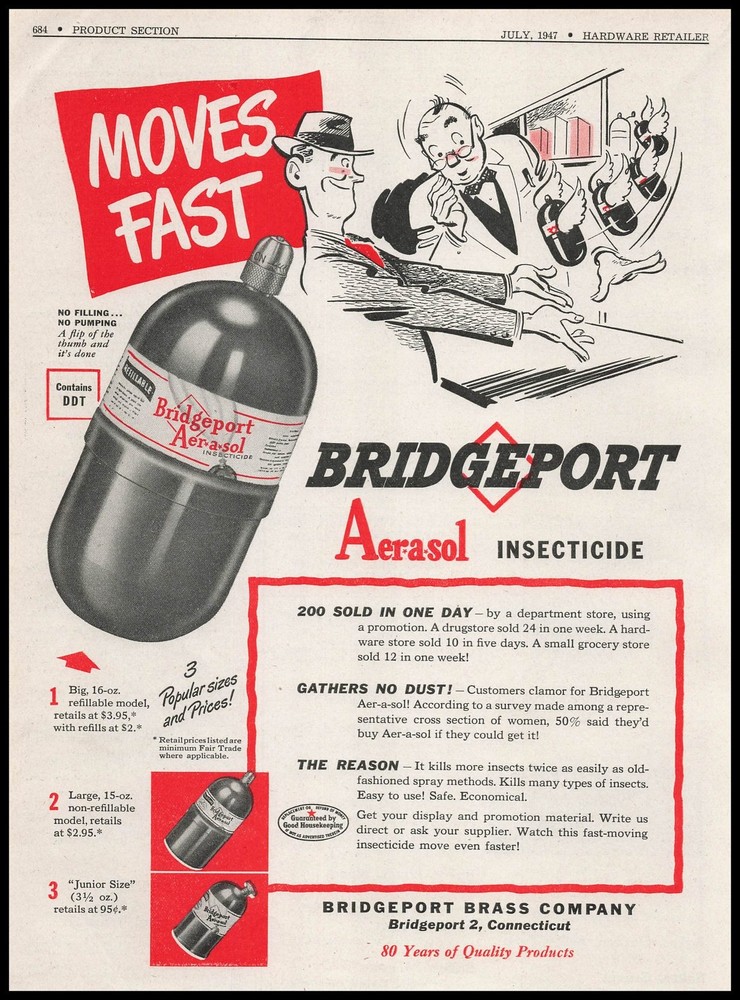 1947 Bridgeport Brass Company Connecticut Aer-A-Sol Insecticide Vintage Print Ad