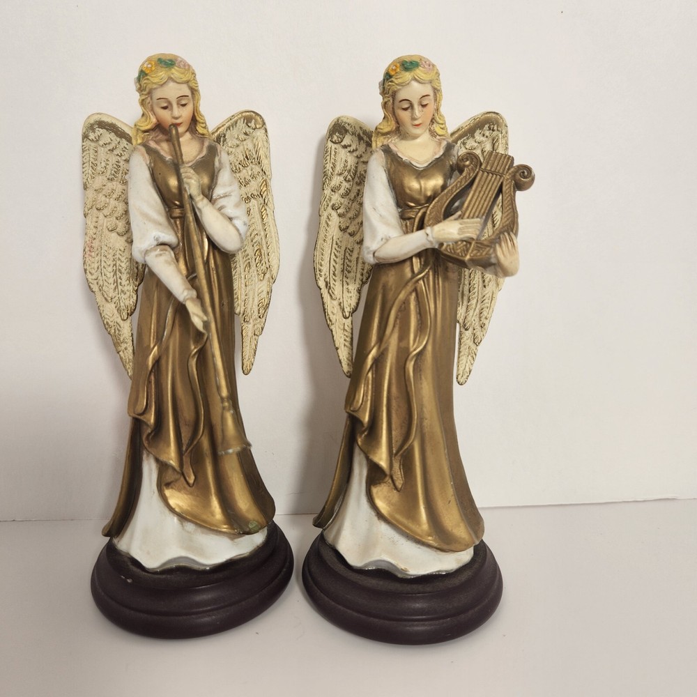 Enesco Angels With Long Horn and Harp Musical Figurine on Wooden Base