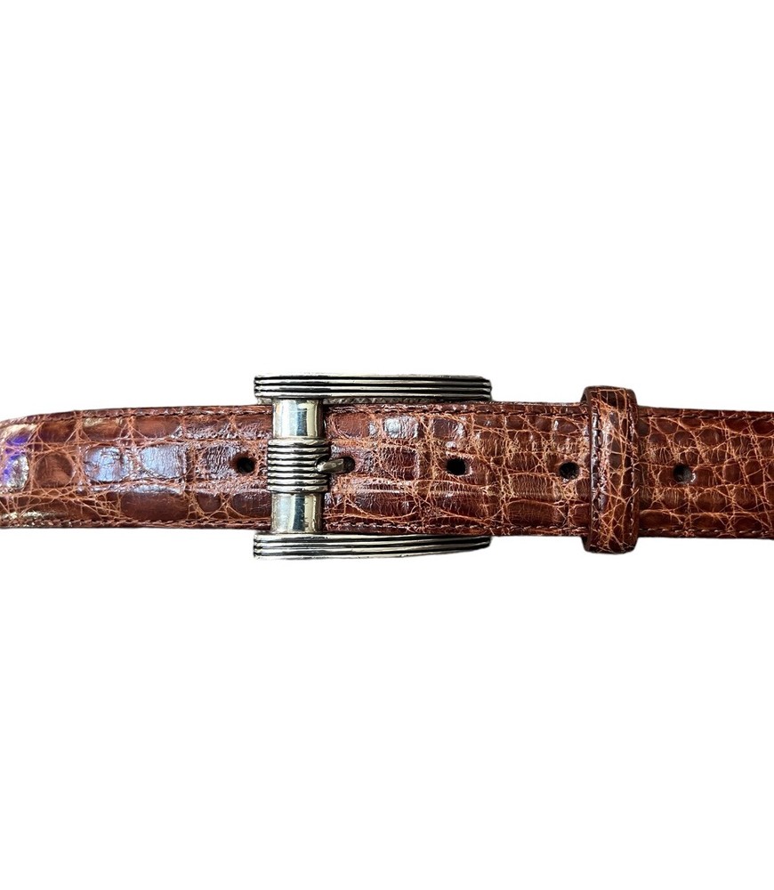 Catherine Zadeh Crocodile Leather Belt Sterling Silver Luke Buckle Sz 38” Cognac