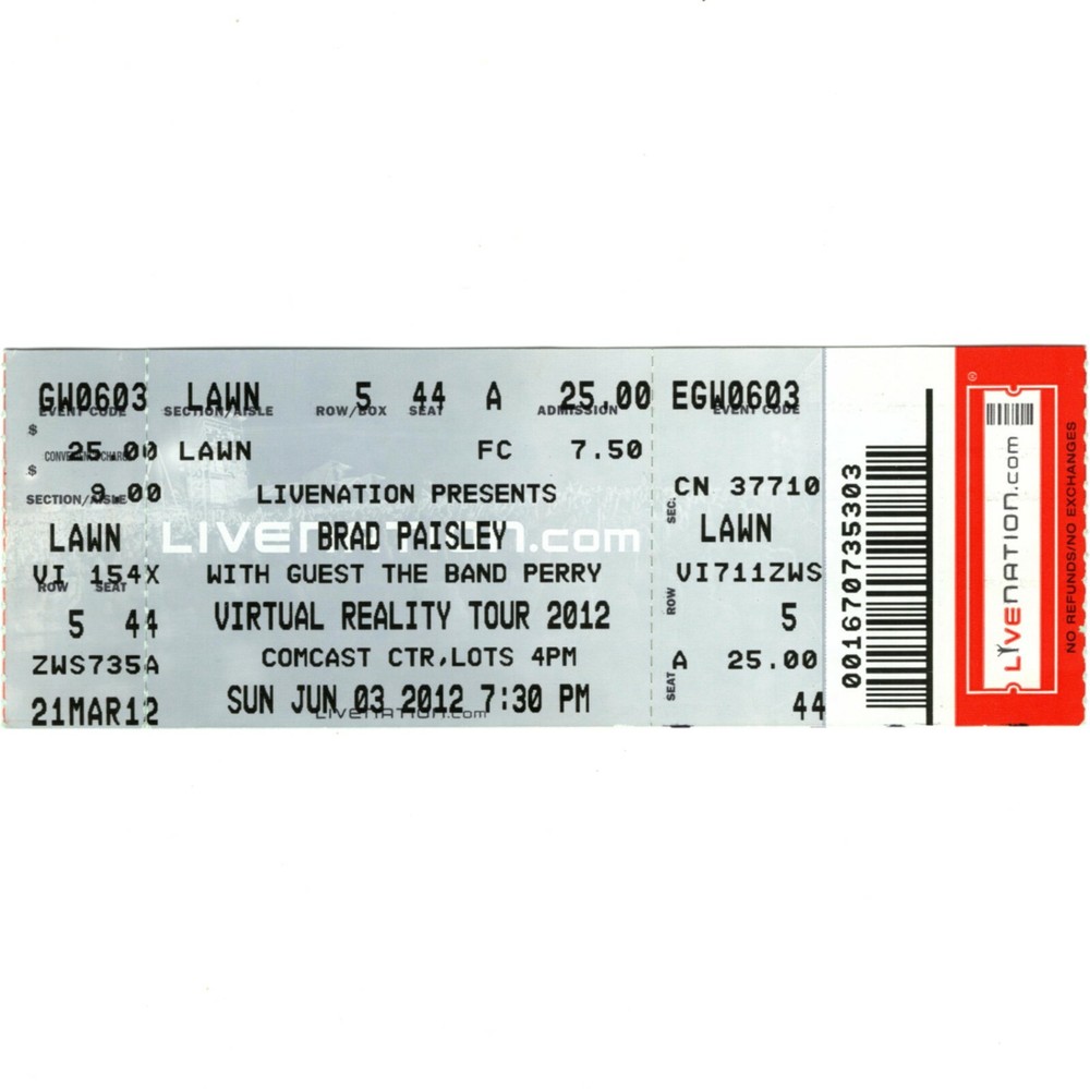 BRAD PAISLEY & THE BAND PERRY Concert Ticket Stub MANSFIELD MA 7/3/12 COMCAST