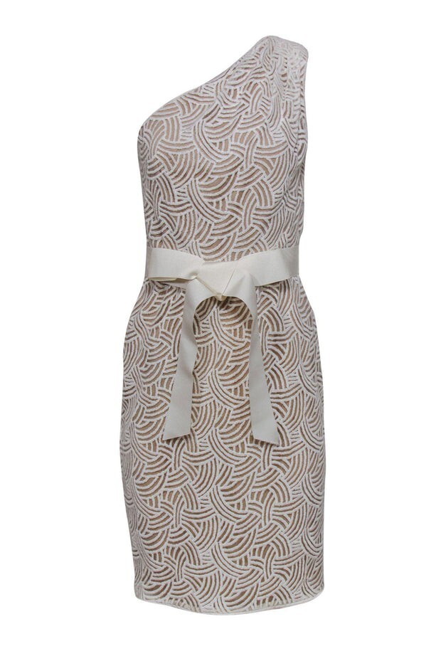 Tadashi Shoji White Embroidered One-Shoulder Belted Sheath Dress Cocktail Formal