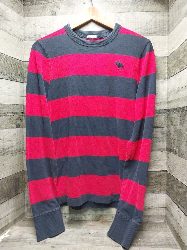 Abercrombie Fitch  Shirt Blue Red Stripe Long Sleeve Crew Moose Muscle Men XL-image