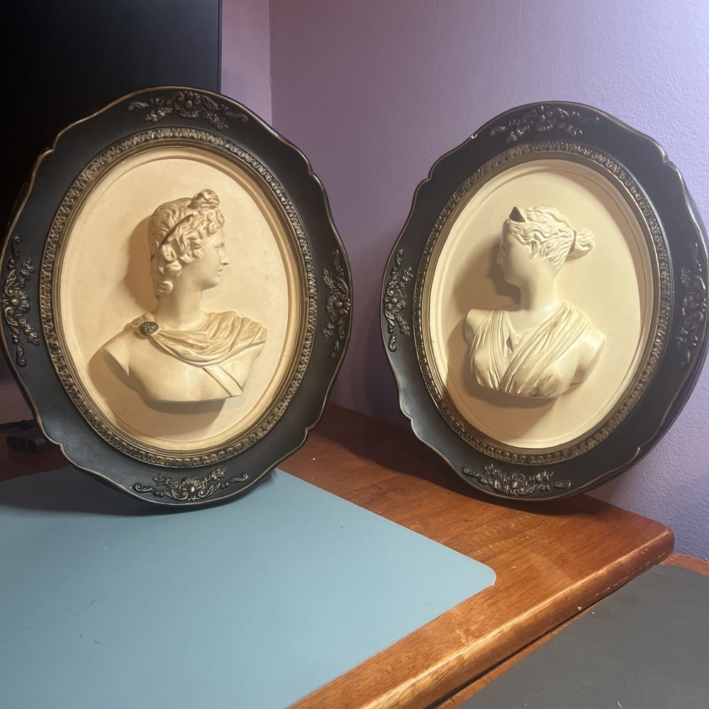 Vintage ABCO Artemis and Apollo bust wall Plaques Alexander Backer Chalkware-image