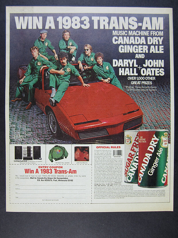 1983 Hall & Oates Pontiac Trans-Am Convertible photo Canada Dry vintage print Ad