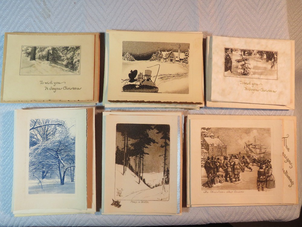 24 Vintage 1930s Unused Christmas Cards Wood Block Prints Snow Sleigh Tree Scene