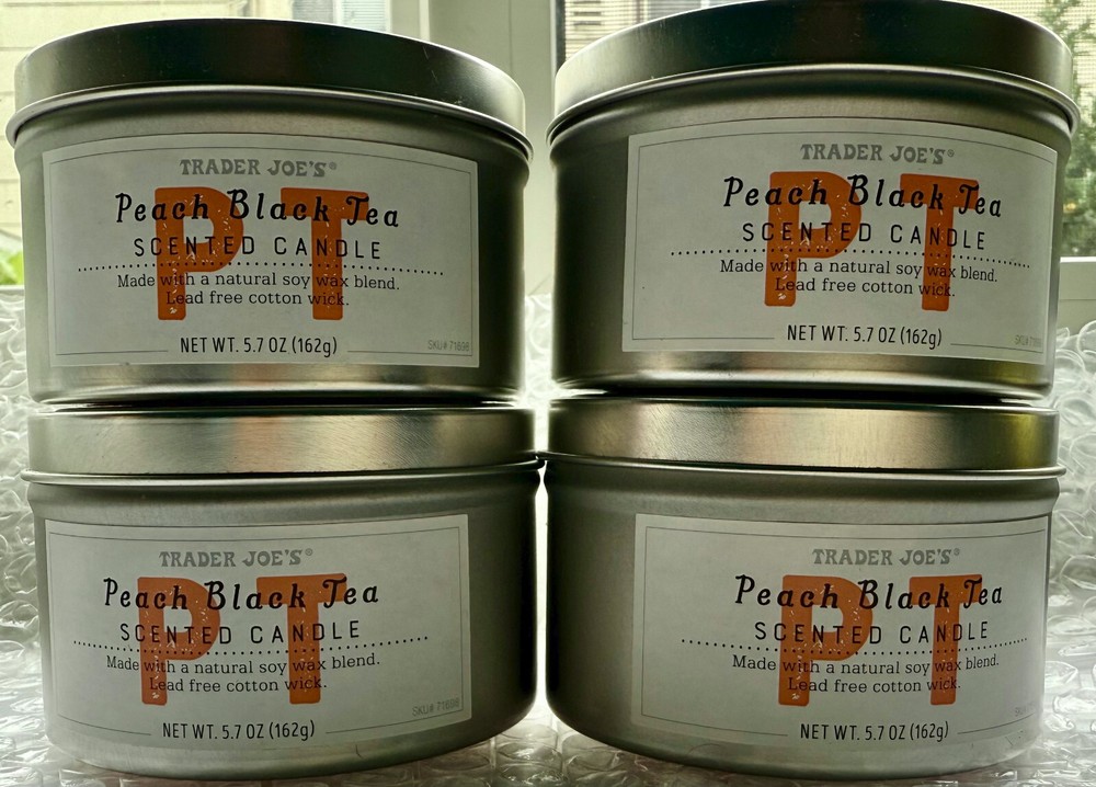 4 x Trader Joe's Peach Black Tea  Scrented Candle Tin Soy Blend 5.7oz Each